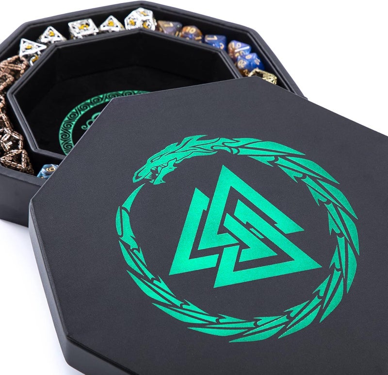 Soar Forge Dice Tray for DND and RPG - Beautiful Green Valknut and Dragon 9 Inch Rolling Tray Compatible with Dungeons and Dragons and Tabletop RPGs - Box Storage to Protect Dice - Image 1